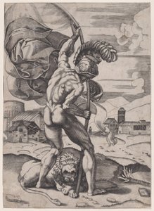 Man met een vlag door Agostino Veneziano