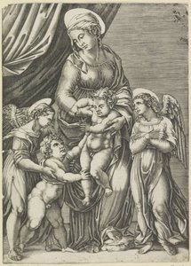 Maria met Kind en de jonge Johannes de Doper door Agostino Veneziano
