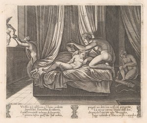 Psyche kijkt naar Cupido, uit het verhaal van Cupido en Psyche zoals verteld door Apuleius, 1530-60