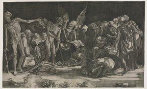 Skeletten, ook bekend als Allegorie van de Dood en Roem door Agostino Veneziano