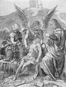Het Lichaam van Christus Ondersteund door Drie Engelen, 1516