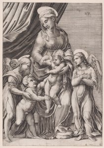 De Maagd, het Christuskind, de jonge Johannes en twee engelen, gedateerd 1516 door Agostino Veneziano