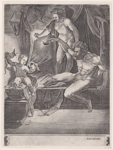 De jonge Hercules in zijn wieg door Agostino Veneziano