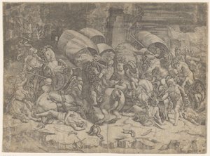 Veldslag tussen Romeinen en Carthagers, ca. 218-201 v.Chr. door Agostino Veneziano
