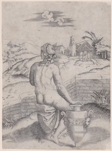 Zittende Vrouw bij een Vaas door Agostino Veneziano