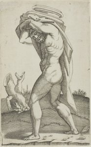 Man die de basis van een zuil draagt door Agostino dei Musi