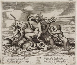 Psyche bediend in haar bad door nimfen die ze niet kan zien door Agostino dei Musi