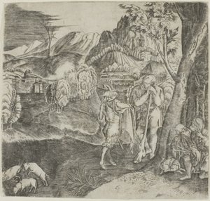 Herders en sater in een landschap door Agostino dei Musi