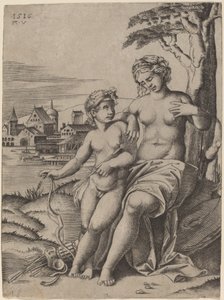 Venus en Cupido door Agostino dei Musi after Raphael
