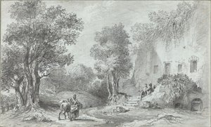 Landschap met Boeren voor een Herberg door Aignan Thomas Desfriches