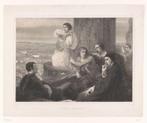 Hélène met de lier van Adelsfreit en andere figuren op een toren door Aimé de Lemud
