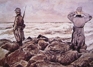 Twee Duitsers aan de kust van Frankrijk kijken naar Engeland aan de vooravond van de Normandië-campagne door Alban (after) Wolf