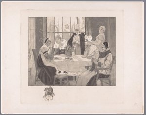 Gezelschap van vrouwen in klederdracht aan tafel