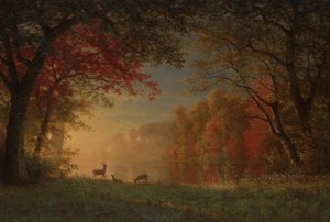 Indiase zonsondergang: herten bij een meer door Albert Bierstadt