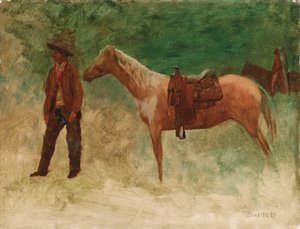 Staande cowboy met paard door Albert Bierstadt