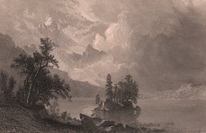 Uitzicht op Lake Esther, Sierra Nevada, Californië, Verenigde Staten, staalgravure door Robert Hinshelwood naar schilderij van Albert Bierstadt, circa 19x14 cm door Albert Bierstadt