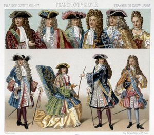Kostuums en kapsels van de Franse adel in de 18e eeuw. Illustratie in 