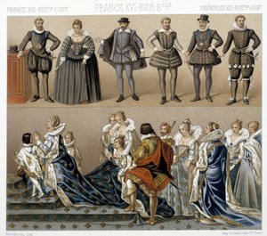Kostuums van koningin Marguerite van Frankrijk (onder), en Hendrik IV (boven) in de 17e en 18e eeuw. Illustratie in 