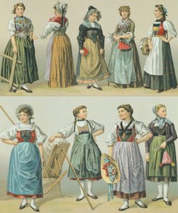 Kostuums van de kantons, illustratie uit The Complete Costume History door Racinet Auguste door Albert Charles August Racinet