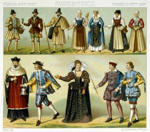 Kostuums van de adel en volkskostuums van Frankrijk in de 16e eeuw. Chromolithografische plaat - in 