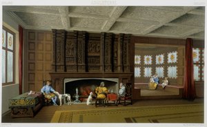 Engelse heer en zijn familie in zijn 17e-eeuwse huis. Chromolithografische plaat - in 