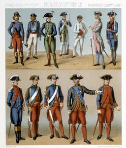Franse militaire kostuums in de 18e eeuw. Illustratie in 