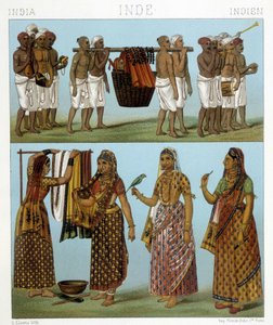 Begrafenis (bovenkant van de afbeelding) en wasgoed (onderkant van de afbeelding) in India. Illustratie in 