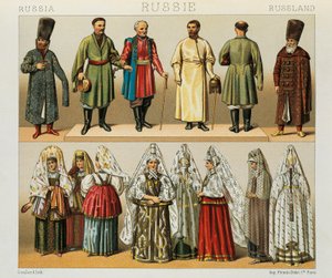 Historische kleding van het Russische volk, Illustratie uit The Complete Costume History door Racinet Auguste door Albert Charles August Racinet