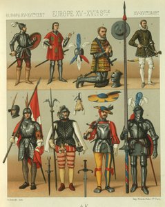 Illustratie van Europese krijgers in harnas door Albert Charles August Racinet