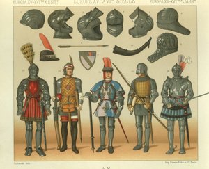 Illustratie van Europese krijgers in harnas door Albert Charles August Racinet