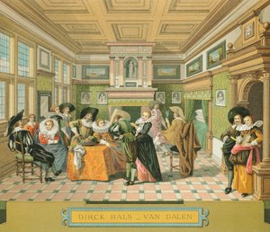Interieur van een Nederlands adellijk huis in de 17e eeuw, illustratie uit The Complete Costume History door Racinet Auguste