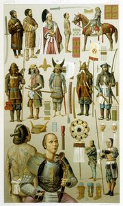 Japanse krijgerskostuums (samoura of yakuza). Chromolithografische plaat - in 