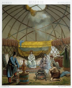Kalmyk (Russische nomaden) in hun yurt door Albert Charles August Racinet