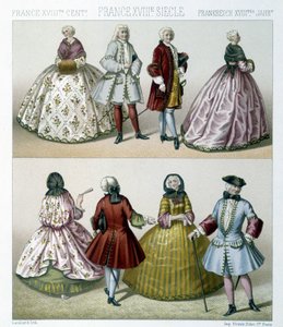 Mannen en vrouwen in modieuze 18e-eeuwse kostuums in Frankrijk. Illustratie in 