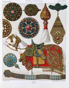 Poolse ornamenten, paard Hussars (lithografie) door Albert Charles August Racinet