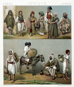 Volkskostuums uit Algerije en Tunesië. Illustratie in "Le costume historique" door Racinet door Albert Charles August Racinet
