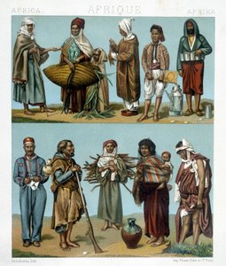 Populaire kostuums van Afrika. Illustratie in "Le costume historique" door Racinet door Albert Charles August Racinet