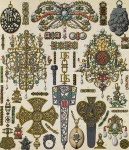 Zeventiende-eeuwse sieraden, lithografie door Schmidt gepubliceerd in Le costume historique, Volume V