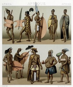 Traditioneel Cafrerie kostuum (Zuidelijk deel van Afrika). Illustratie in 