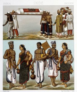 Traditionele kostuums van moslims (bovenkant van de afbeelding) en hindoes (onderkant) die in India wonen. Illustratie in 