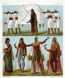 Transport en traditionele vrouwelijke kostuums. Illustratie in "Le costume historique" door Racinet door Albert Charles August Racinet