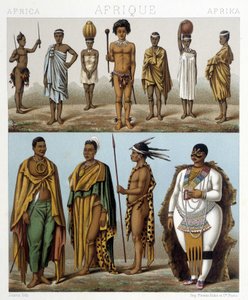 Verschillende mannen uit Zuid-Afrika. Illustratie in "Le costume historique" door Racinet door Albert Charles August Racinet