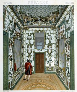 Zicht op een man in het Koninklijk Paleis van Madrid. Chromolithografische plaat - in "Le costume historique" door Racinet door Albert Charles August Racinet