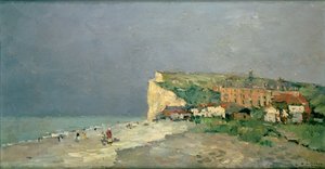 Het strand van Puys-sous-Dieppe, stormachtige lucht, ca. 1880