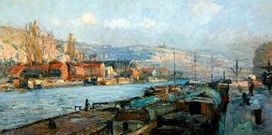 Het Ile Lacroix en de Cote Sainte-Catherine, Rouen, in de avond door Albert Charles Lebourg