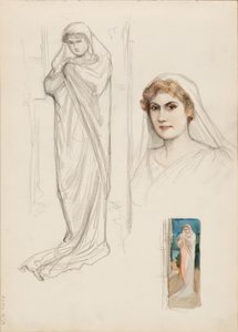 Aino Ackté als Alcestis, schets van het gezicht en twee volledige lichaamsschetsen