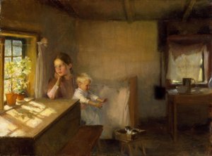 Vrouw met kind in zonovergoten interieur