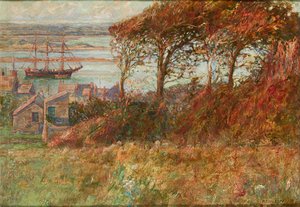 Bosje boven de haven in de herfst (olieverf op doek) door Albert Ernest Victor Lilley