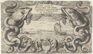Zeegezicht met rand van zeedieren en een visnet