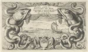 Zeegezicht met rand van zeedieren en een visnet